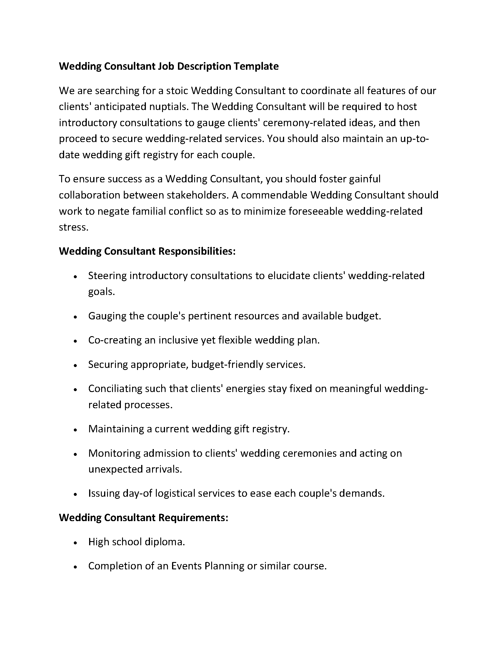 Wedding Consultant Job Description Template